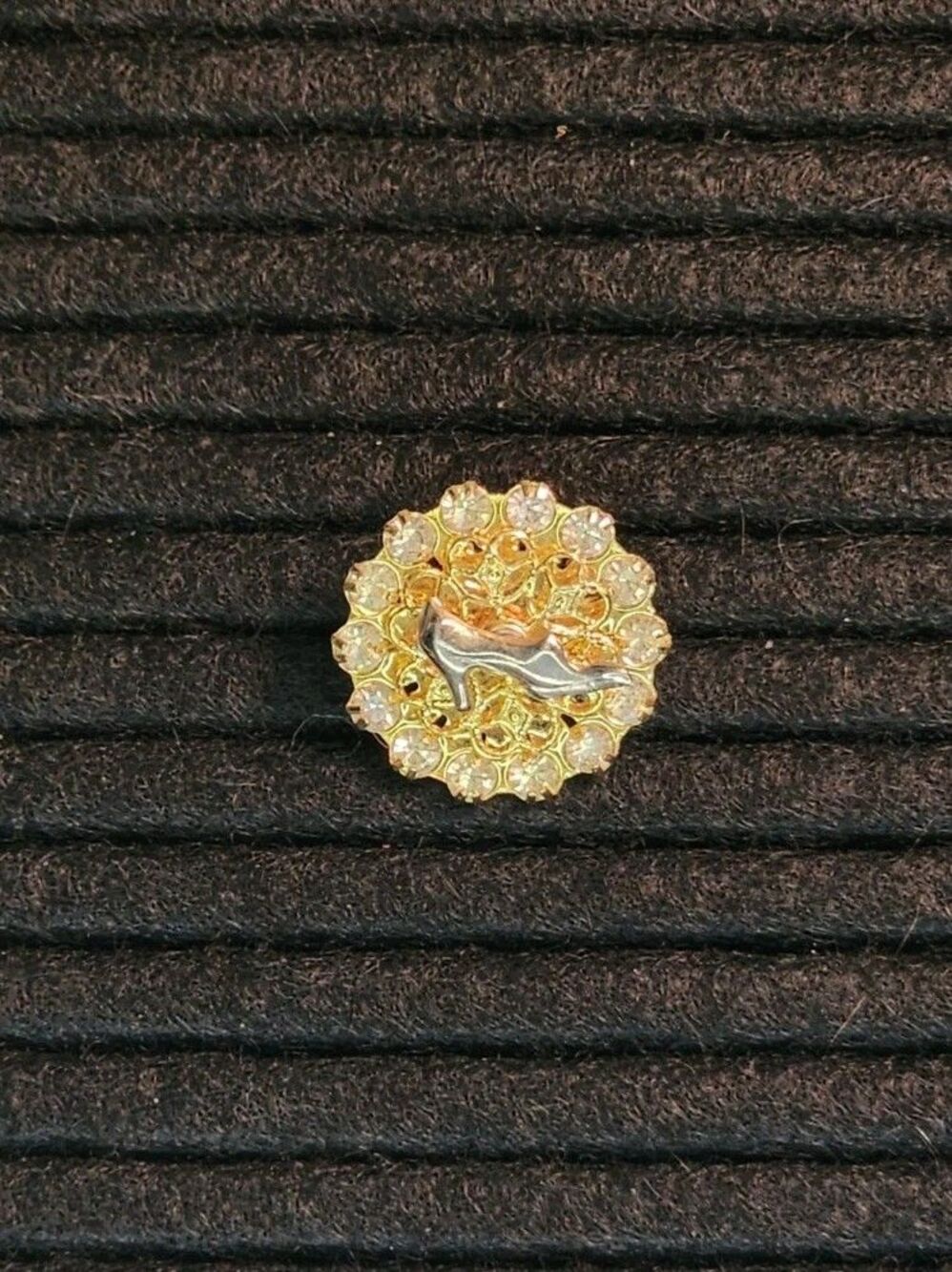 Round Rhinestone & Gold Tone Brooch With Stiletto Shoe Accent Vintage
